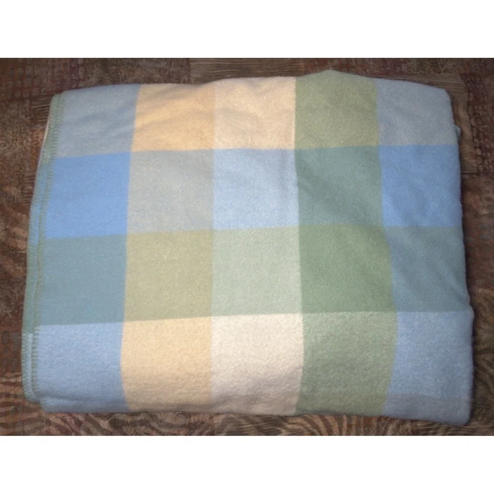 LL Bean Wool Blanket King Plaid Check Whipstitch Hem Blue Green Cream Lodge Camp